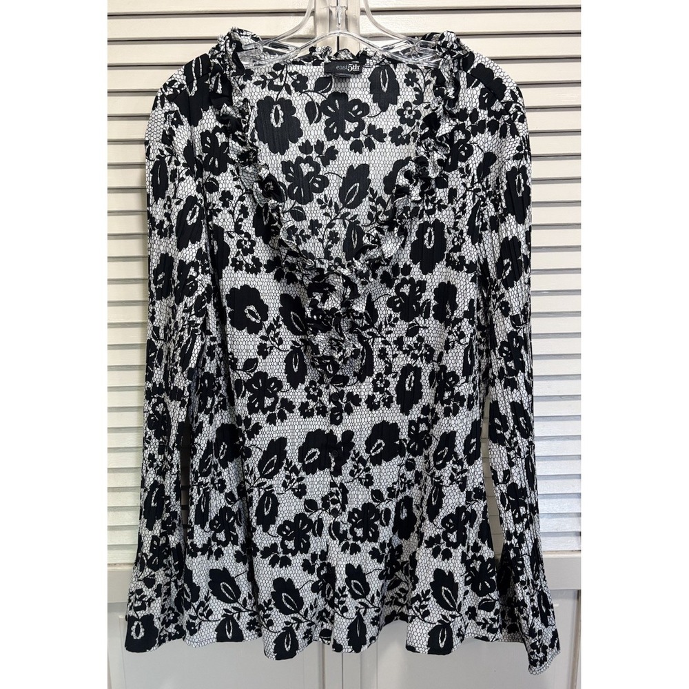 East 5th Floral Chiffon Size 3X Ruffle Pleated Button Up Long‎ Sleeve